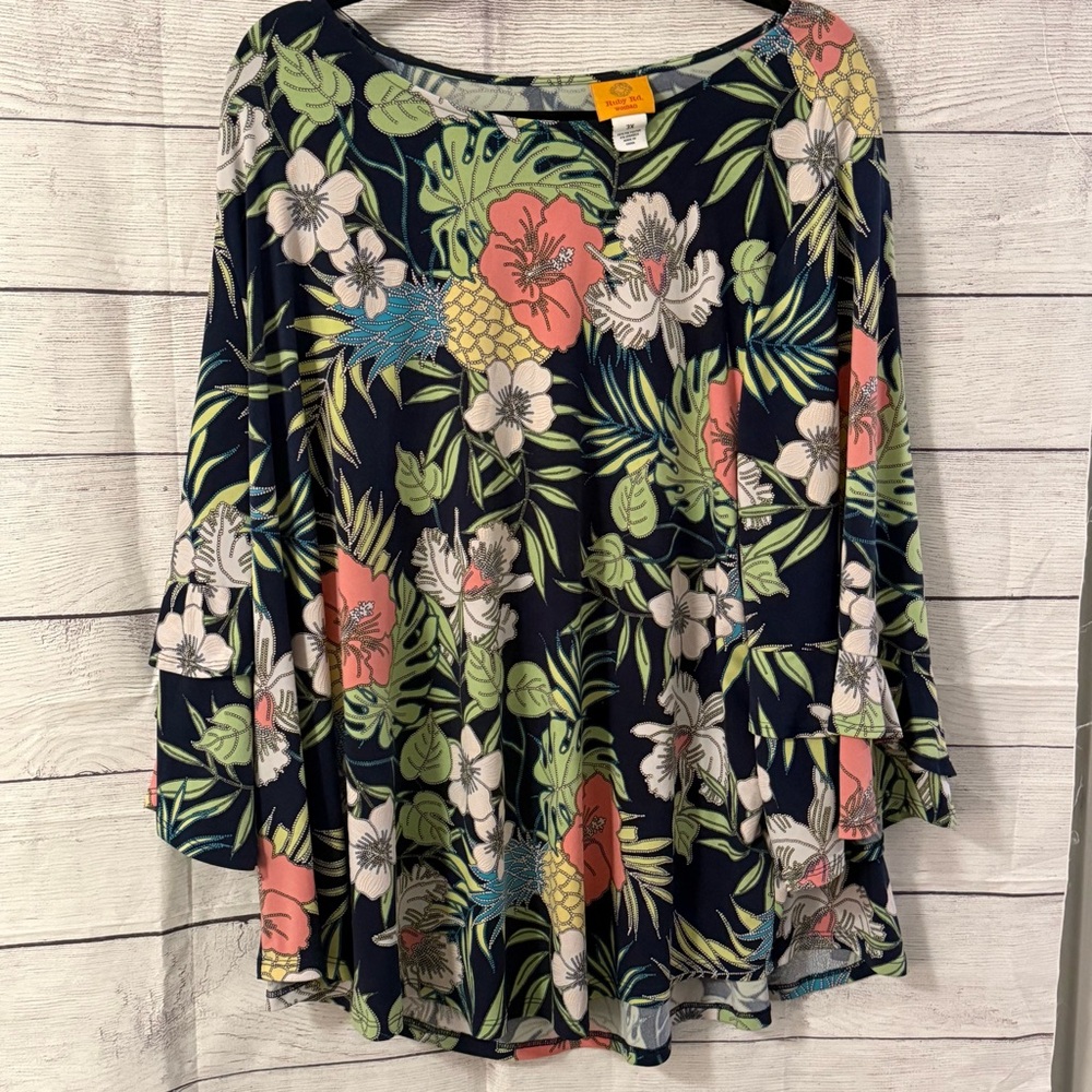 Plus Size Ruby Rd. Tropical Floral Navy Blouse